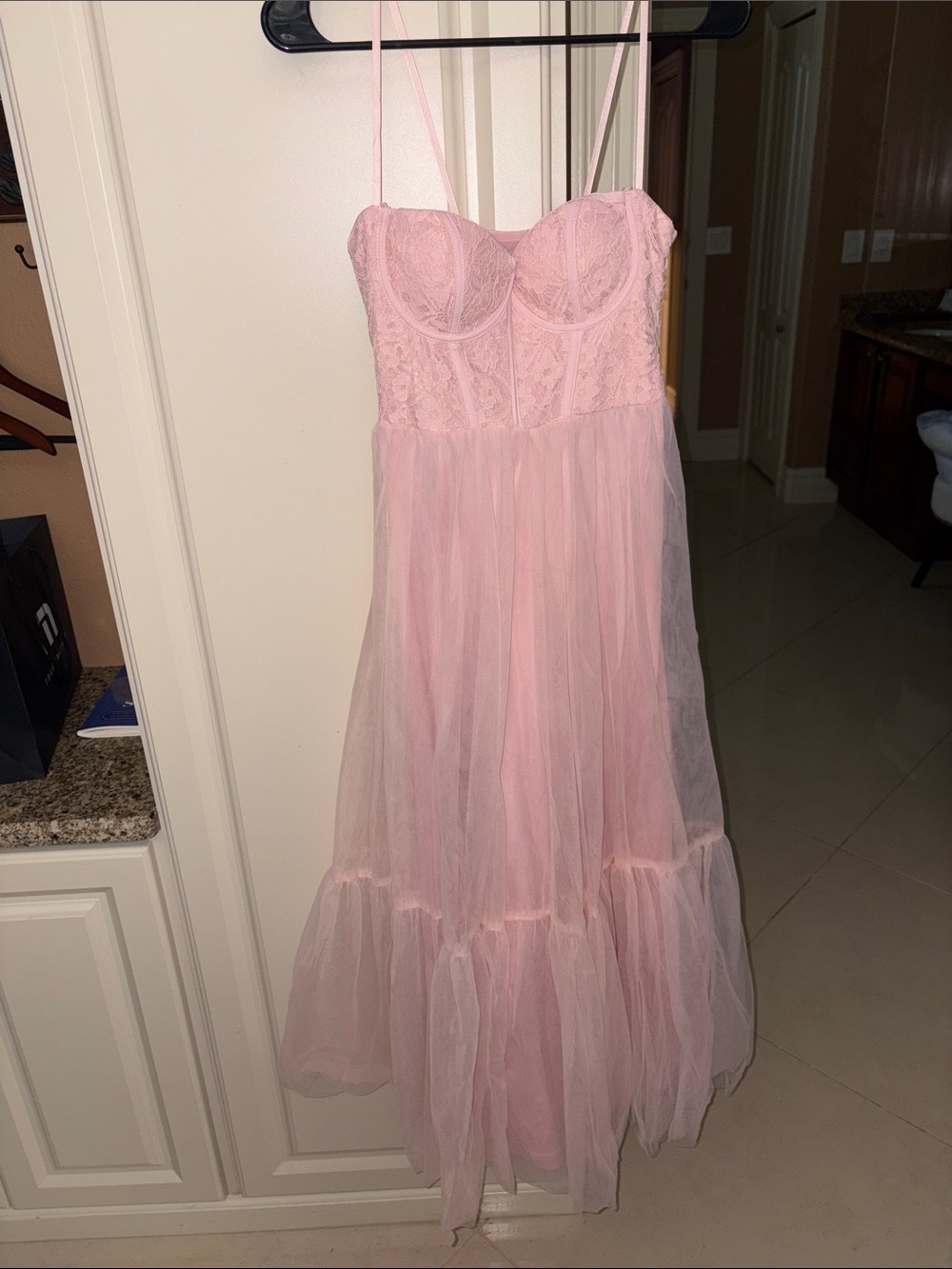 Selfie Leslie Pink Lace Bustier Tulle Maxi Dress